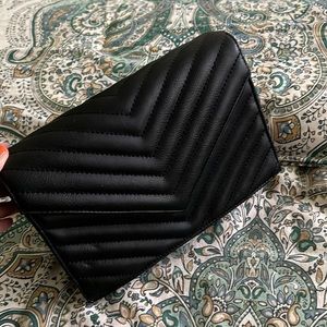 Black V Textured Leatherish Shoulder Bag